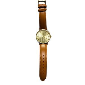 PX Gold-Tone Geometric‎ Watch Brown Leather Band Modern Minimalist Analog Time